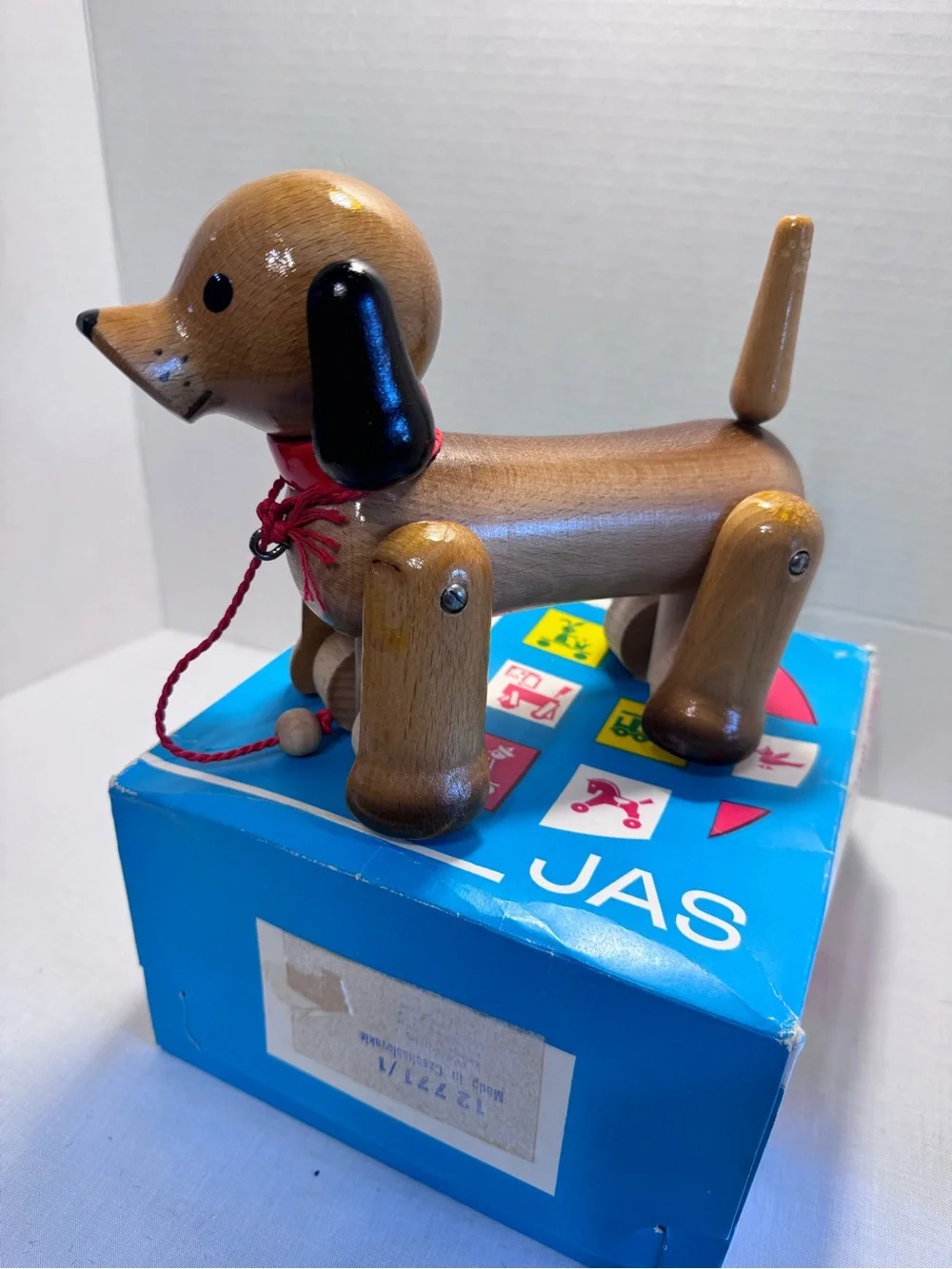 Vintage JAS Czechoslovakia Wooden Dachshund Pull Toy - 1970s Mid-Century Modern